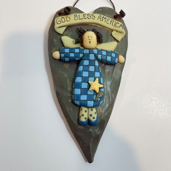 God Bless America Heart-Shaped Hanging Plaque with Angel Design 8" Tall - Picture 1 of 6